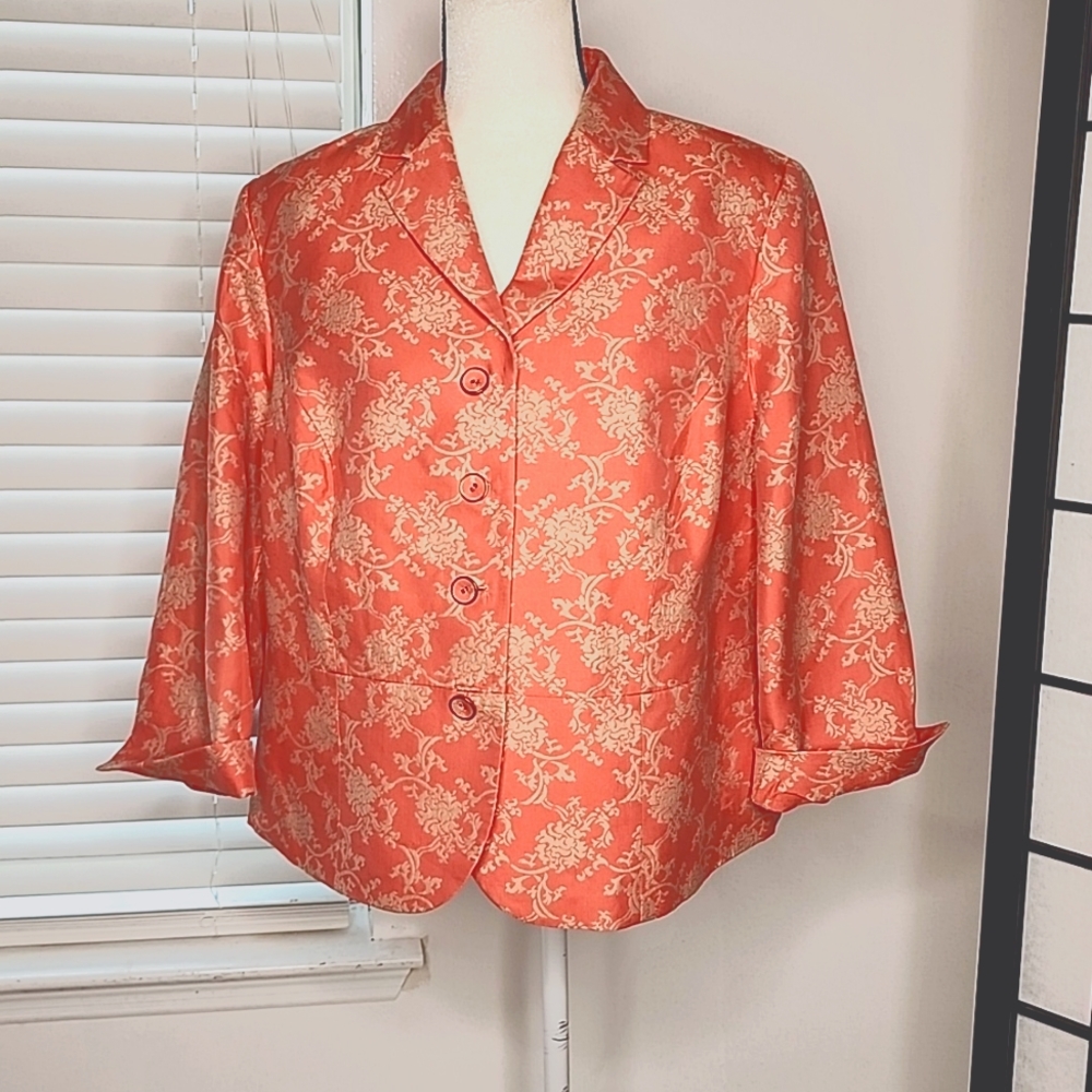 Valerie Stevens Peach Floral Print Career Jacket Blazer 18W Dressy Cotemperary